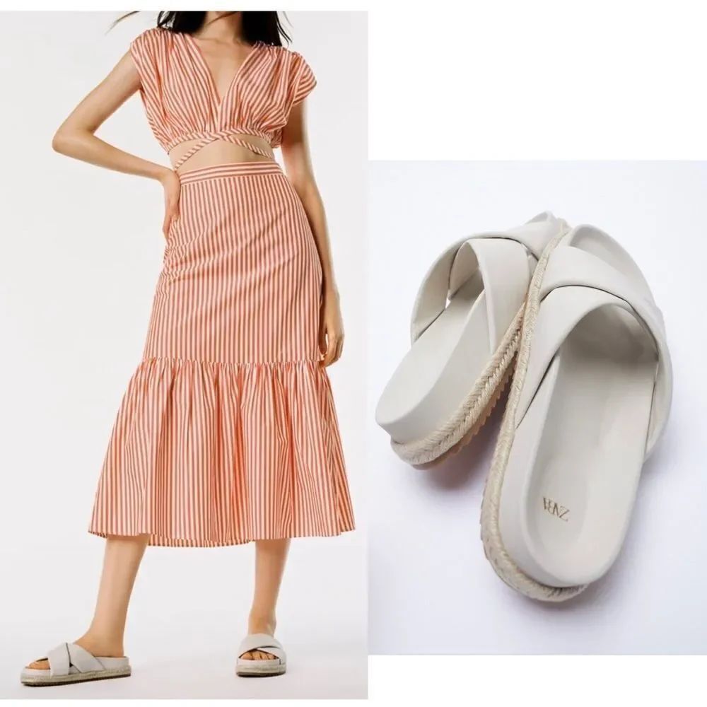 NEW ZARA ecru white leather flat wide straps sandals 39 US 8.5